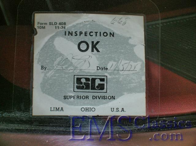 1975SuperiorCadillac50,SuperiorfactoryInspectionstickerforvehicle668dated11575.JPG